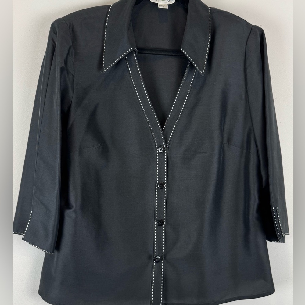 Shomi 100% Silk Black Contrast Stitch Button Front Jacket Blouse Size 16